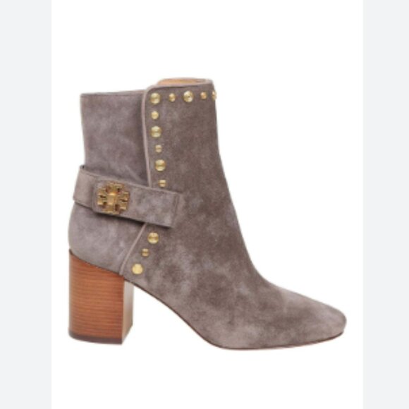 Tory Burch Suede Leather Studded Block Heel Ankle Boots Taupe Bisonte Brown 9.5 - Picture 1 of 5
